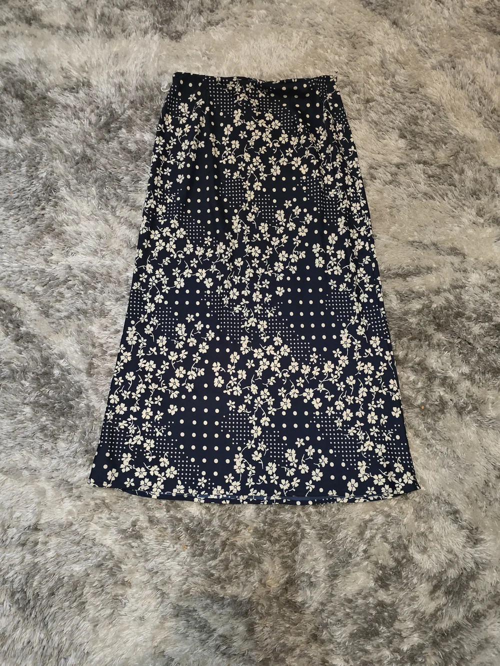 Lauren Conrad Navy Midi Skirt with Cream Floral & Dot Print